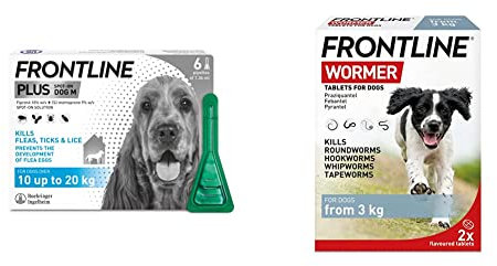 FRONTLINE Plus Flea & Tick Treatment for Medium Dogs (10-20 kg) - 6 Pipettes & FRONTLINE WORMER for Dogs - 2 Tablets