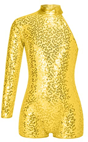 Hedmy Mädchen Turnanzug Pailletten Gymnastikanzug Ein-Ärmel Turnanzug Trikot Overall Kurz Jumpsuit Wettkampf Tanzkostüm Gold 170-176