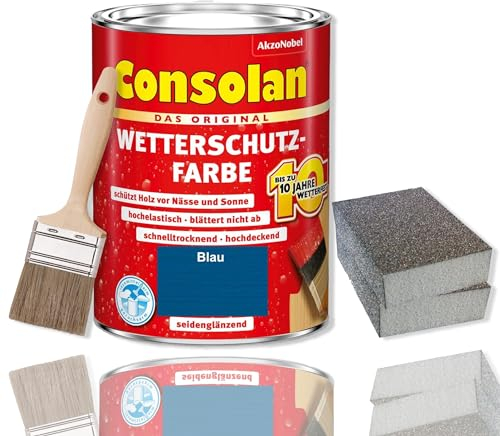 Consolan Wetterschutzfarbe Set 2,5 l Holzfarbe Dauerschutz Deckend mit Zubehör (Blau)
