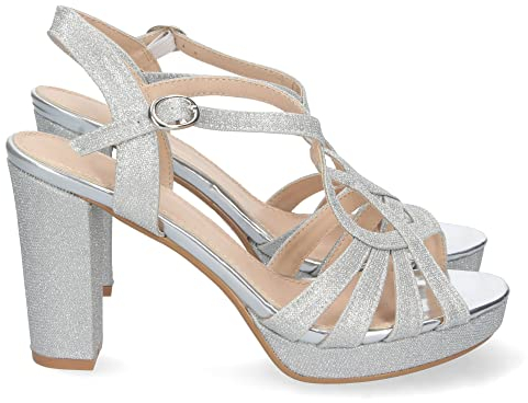 shoes&blues.es 69400-Sandalia de Tacon para Mujer, Comoda, con Pala en T, Estampado Brillante, y Cierre de Hebilla, Otono Invierno 2022. Talla 40 Plata