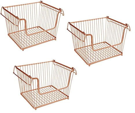 HOMION Large Stacking Basket Storage Veg Rack Stackers Shelf Multi-Purpose Stackable Wire Storage Basket with Carry Handles Kitchen Fruit Stand Stackable Kitchen Storage Display Rack (3)