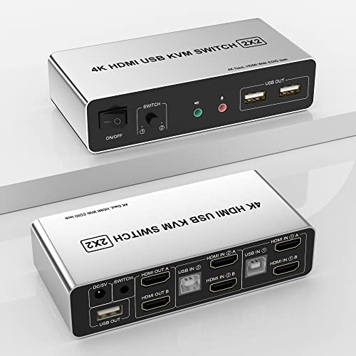 Dual Monitor KVM Switch HDMI 2 Port, Unterstützt EDID, 4K@60Hz HDMI kvm switch für 2 pc auf 2 monitore mit 3 USB 2.0 Ports und Audio Mikrofon Ausgang, 2 pc 2 monitor switch