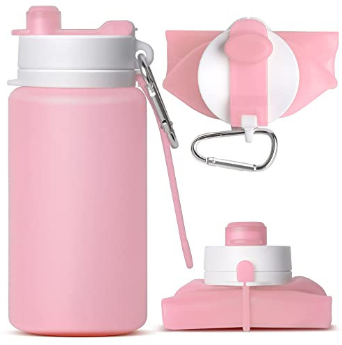 MCOMCE Collapsible Water Bottle, Portable Folding Bottle & Water Bottle with Clip for Backpack, Foldable Water Bottle BPA Free, Sport Bottle Water Squeeze Collapble Watterbottles (Pink)