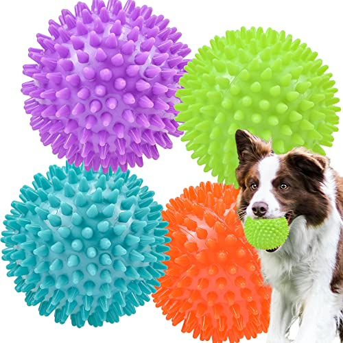 Ousiya Thickened 12 cm Squeaky Dog Toy Balls, 4 Pack Spikey Indestructible Dog Balls for Aggressive Chewers for Medium Large Dogs, Durable Dog Toys for Teeth Cleaning and Training