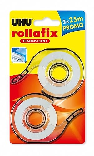 UHU Rollafix Klebeband, transparent, vergilbt nicht, 2 Stück mit Nachfüllpackung, 25 m x 19 mm