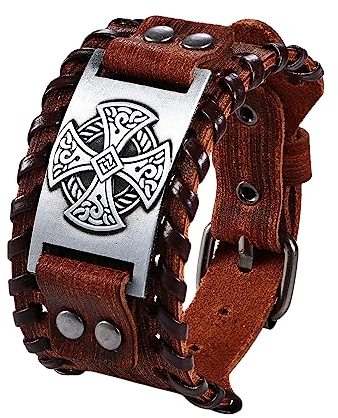 Cupimatch Wikinger Armband Herren Keltischer Knoten Armband Gotisches Kreuz Irischer Knoten Amulett Breites Manschetten Lederarmband für Männer Braun