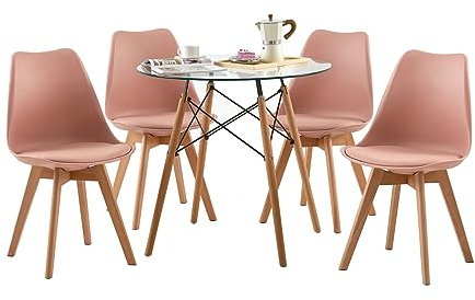 FURNITABLE Essgruppe Runder Glastisch mit 4 Rosa Stühlen für Esszimmer Wohnzimmer Cafe BüroKüche Schlafzimmer Nordischen praktisch Tisch und Stühle Set