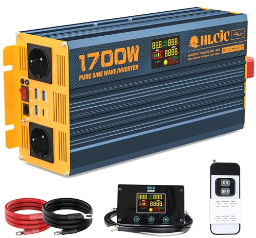 1700Watt Wechselrichter 12V auf 230V Reiner Sinus-Spannungswandler mit LCD-Display 1 Type-C PD60W 3 USB-A QC3.0 Schnellladung Port 2 EU Steckdose 2 Fernbedienungen für Solares System Wohnmobil LKW KFZ