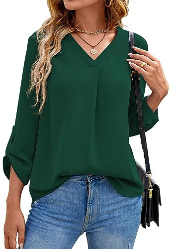 Yommay Women's Blouses Ladies Tops Elegant 3/4 Sleeve Chiffon Casual Fashion V-Neck T Shirts for Fall,Dark Green,M
