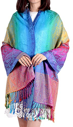pvucpot Damen Schal Marokko Regenbogen-Farben Pashmina - Viskose/Polyester - xxl bunt/mehrfärbig Halstuch