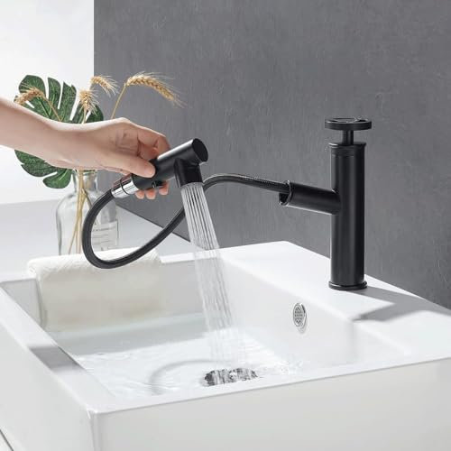 Robinet de lavabo avec douche extractible, noir robinet de salle de bain industriel, robinet d'évier monotrou, mitigeur de salle de bains laiton mitigeur lavabo