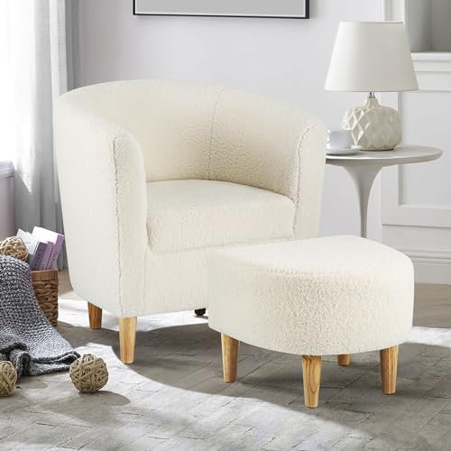 Marketero Sherpa Accent Tub Chair - Comfy Fluffy Armchair and Footstool, Single Snuggle Bucket for Lounge, Cuddle Sofa for Bedroom Living Room Reading Relaxing - White