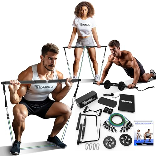 TRAINEX Gomas Elasticas Musculacion + Barra | Bandas Resistencia Alta (100 KG) Latex 100% Natural | Ejercicio en Casa Eficaz | Kit Gimnasio en Casa | Gym con Cintas Elasticas Fitness | Deporte en Casa