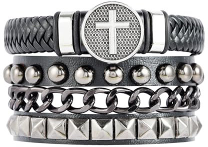 Eigso 2 Pcs Punk Leder Kette Manschette Armbänder für Mann Frau Retro Vintage Kreuz Armbänder für Männer Frauen