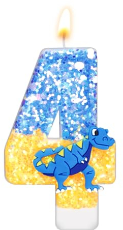 Dinosaurier Kerzen Geburtstag, 7,3cm Zahlen Geburtstagskerzen Pailletten-Kuchenaufsatz Kerze 3D-Zahlenkerze für Dinosaurier-Mottoparty-Geburtstagsdekorationszubehör(Nummer 4)