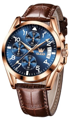 OLEVS Braun Herren Armbanduhr Lederarmband Vintage Analog Kleid Herrenuhren Chronograph Leuchtend Wasserdicht Uhr Herren mit Datum Groß Blau Zifferblatt Uhren Männer Arabische Ziffern Leicht zu Lesen