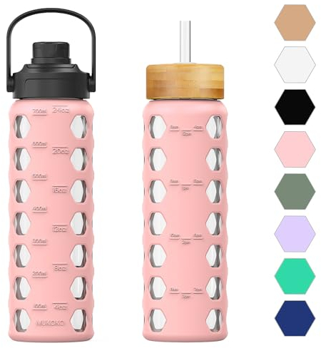 HYDRAGLAZIC gourde en verre 700ML Bouteille d'eau en verre avec 2 couvercles - Couvercle rabattable et couvercle en bambou avec pailles avec mesure gourde graduée anti-fuite, Rose