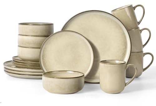 Homikit Dinner Set for 4, 16-Piece Reactive Glaze Kitchen Dinnerware Sets, Vintage Stoneware Included Plates Bowls and Mugs, Non-Scratch & Sturdy, Dishwasher & Microwave Safe, Desert Khaki