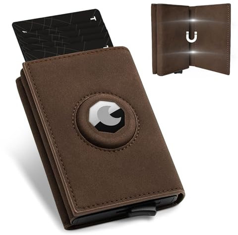 Lohofrnny Porte Carte Airtag avec Blocage RFID, Airtag Portefeuille Homme avec Porte-Monnaie, Minimaliste Porte-Cartes Bancaire Pop-Up pour 1 à 5 Cartes, Cadeau (Brun)