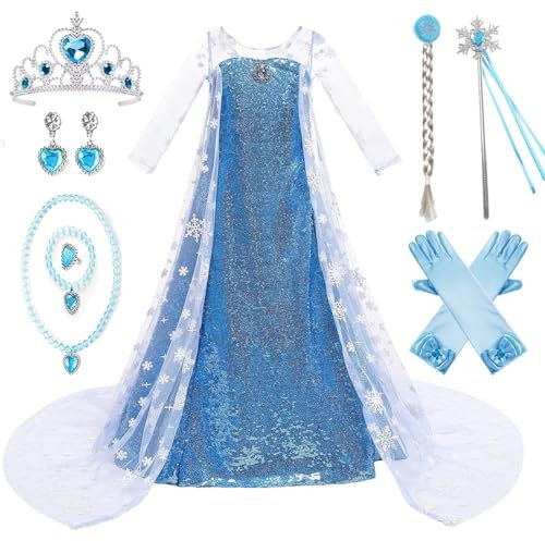 XFOZDM Elsa Kostüm Kinder Prinzessin Kleid Mädchen Eiskönigin Elsa Kostüm Kleid Karneval Schnee Prinzessin Halloween Märchen Verkleiden Party Geburtstag Blau Lila Ballkleid Hochzeit,A-140