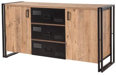 CONCEPT USINE | Buffet Style Industriel 2 Portes - 3 Tiroirs | Design HOLEN Bois et Noir | Rangement Optimale | 4 Etagères avec Portes + 3 Tiroirs Centraux | Pieds et Poignées en Métal Noir