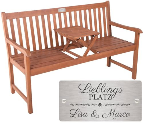 Sterngraf Geburtstagsbank mit Gravur-Schild zB. Lieblingsplatz (Namen), Klapptisch Gartenbank Padang 142cm, Edelstahlschild personalisiert, Geschenkidee Bank zum Geburtstag/Jubiläum