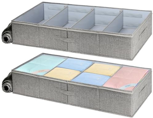 Huquter 50L Unterbett Aufbewahrungbox mit verstellbaren Trennwänden, 2 Stück Unterbettkommode mit Klarsichtfenster, faltbare Unterbett Aufbewahrung für Spielzeug/Schuhe/Kleidung, 80x41x15cm, Grau
