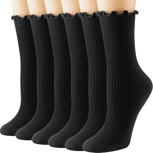 DRESHOW 6 Paires Chaussettes à Volant Femme Chaussettes à Volants de Coton en Tricot Chaussettes de Cheville Décontractées Chaussettes Laitue Tricotées Respirantes