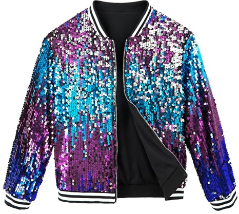 LOLANTA Ragazze Bomber di Paillettes con Tasche, Cerniera, Manica Lunga, Giacche da Baseball Scintillanti per Bambino 4-13 anni
