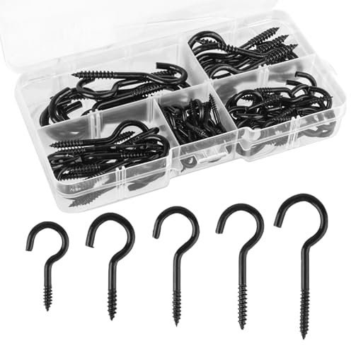 WEFINEST 75 Pcs Screw in Hooks Outdoor, Multi-Size Ceiling Hooks Carbon Steel Wall Hook Screw in, Metal Screw Hook for Hanging Plants, Cups, Kitchen Cabinet Shelf, Outside Lights (Black)