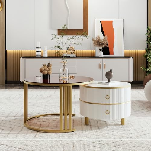 MSMOK Mesa de centro redonda de MDF 2 en 1, mesa auxiliar con 1 tablero de alto brillo y 1 tablero de cristal templado marrón, con 2 cajones, 70 x 70 x 45 + 50 x 50 x 40 cm (blanco)