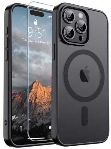 supfine Magnetic for iPhone 15 Pro Max Case (Compatible with MagSafe) (Military Grade Drop Protection) Slim Translucent Matte Shockproof with Anti-Fingerprint Phone Case, Black