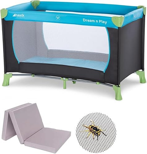 hauck Baby Reisebett Set Dream n Play mit extra Alvi Komfort Matratze und Moskitonetz - faltbares Kinder Babyreisebett mit Tasche - Waterblue