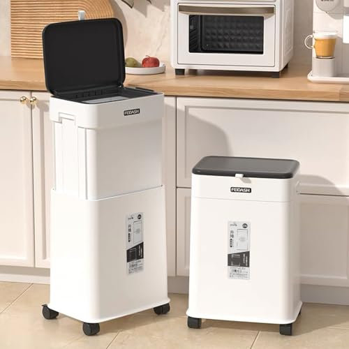 Kitchen Trash Can with Lid, Adjustable Height 20L/5.3Gal Rolling Garbage Can on Wheels, Slim Trash Bin Indoor for Bathroom, Bedroom, Living Room & Office - White