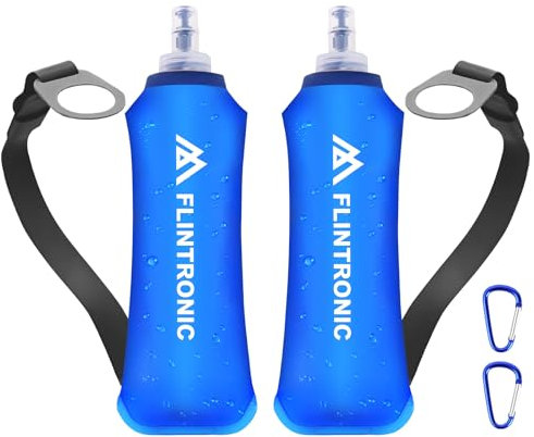 flintronic 2Pcs Gourde Souple, 500 ml/17oz TPU Flasque Running Pliable, Bouteille d'eau de Course, avec Dragonne et Mousquetons, pour Course à Pied, Randonnée, Cyclisme, Escalade