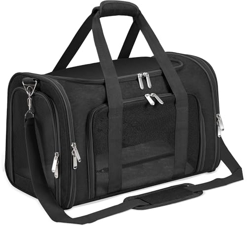 Soft-Sided Cat/Dog/Pet Carrier, Collapsible Pets Travel Carriers for Big Cats/Small Dogs with Shoulder Strap & Removable Mat, Mesh Puppy Carry Bag, Up to 16 Lbs, TSA Airline Approved(Black)