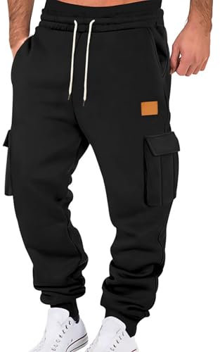 Jogginghose Herren Winter Hosen Einfarbig Relaxed-Fit Sweathose Jogginghosen Aestethic Sweatpants Elastische Taille Freizeithosen Outdoorhose Baggy Cargohosen mit Kordelzug und Taschen Streetwear