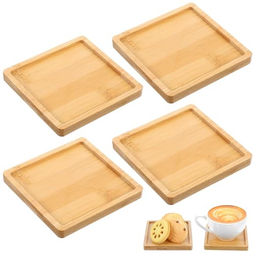 JIEYAO 4 vassoi quadrati in bambù, 9 cm, piccoli vassoi in legno, fatti a mano, a mosaico, in legno, vassoio da portata in bambù, sottobicchieri per mosaico, tè, caffè, torte, piante