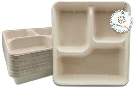 Greenkaufen Einwegteller 50 Stück 3-Geteilt Super Stabil 24cm Einweggeschirr Aus Zuckerrohr - Tiefe Teller, Pappteller, Plastikteller Einweg, Menüteller, Umweltfreundlich und Robust
