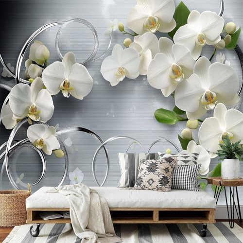 Seidenstoff Tapeten Wandtapete, Blumenkunst, Orchidee Grüne Blätter Muster 3D Wandbild Wohnzimmer Wanddekoration Fototapete, 3D Tapete Effekt ‎150x105cm (B×H) Groß Muster