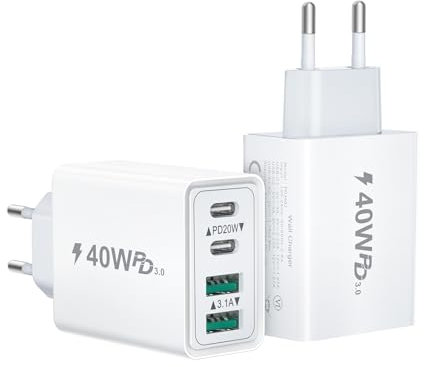 2Pack Chargeur USB C, 40W 4 Port Prise USBC Chargeur Rapide, Multi Secteur Double Port PD+QC Type C Adaptateur pour iPhone 16 15 14 13 12 11 Pro Max X XS XR 8 Plus Mini SE, iPad,Samsung Galaxy