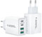 2Pack Chargeur USB C, 40W 4 Port Prise USBC Chargeur Rapide, Multi Secteur Double Port PD+QC Type C Adaptateur pour iPhone 16 15 14 13 12 11 Pro Max X XS XR 8 Plus Mini SE, iPad,Samsung Galaxy