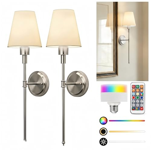 LOHAS-LED Battery Operated Wall Sconces Set of 2, Rechargeable Wall Lights Remote and Dimmable, Sconce Wall Decor Set of 2, Easy Installation, Wireless Wall Lights for Living Room Bedroom, Nickel
