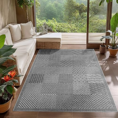 Carpetsale24 In- & Outdoor Teppich Grau 160x230 cm Läufer, Wetterfest & UV-beständig, Ideal für Küche, Balkon, Terrasse, Wohnzimmer und Esszimmer, Karo-Design im Boho-Stil