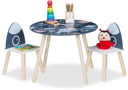Relaxdays Mesa y 2 Sillas Infantiles, Espacio y Dinos, Mobiliario Niños y Niñas, Set 3 Muebles Dormitorio, Multicolor