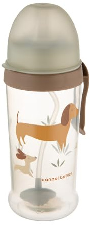 Canpol babies Auslaufsichere Trinkflasche mit Strohhalm und Gewicht 350 ml, 9 m+, 1 St., 100 % auslaufsicher, Abnehmbarer Griff, Spülmaschinen- und mikrowellengeeignet (Braun DOGS)