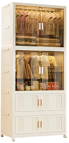 LIUJHGH Stapelbarer Kunststoffschrank mit Magnettüren, Faltbarer Kleiderschrank-Organizer mit Rollen, Kompakter Kleiderschrank für Kleine Räume(B-4-tier)