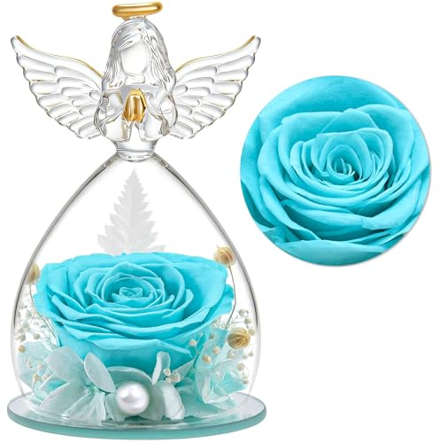 YiHuaHua Figurine ange rose éternelle avec cloche en verre, cadeau pour femme, maman, petite amie, véritable rose durable, dure 3 à 5 ans, cadeau pour Noël, Saint-Valentin, anniversaire (bleu clair)