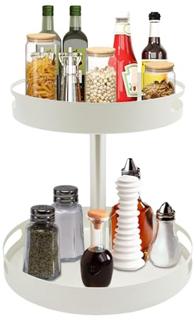Drehteller Organizer mit 2 Etagen, 360° Drehplatte Gewürzhalter, 2-stufiger Küchenorganiser, Drehbarer Gewürz Organizer Für Küche, Arbeitsplatte, Schrank, Badezimmer (Weiß)