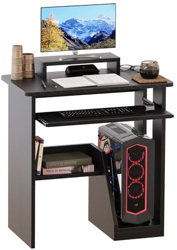 MIN WIN Kleiner Schreibtisch, Computertisch mit Monitorständer, Tastaturablage und CPU-Ständer, Bürotisch für kleine Räume, Home Office, Schlafzimmer